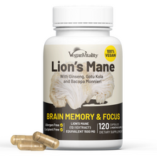 Load image into Gallery viewer, Lion&#39;s Mane Brain Complex with Bacopa, Gotu Kola, Ginseng and B12 - 120 Capsules
