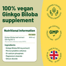 Load image into Gallery viewer, Vegan Vitality&#39;s Ginkgo Biloba - For focus &amp; memory with antioxidants and anti-inflammatory properties - 2 Months Supply