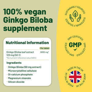 Vegan Vitality's Ginkgo Biloba - For focus & memory with antioxidants and anti-inflammatory properties - 2 Months Supply