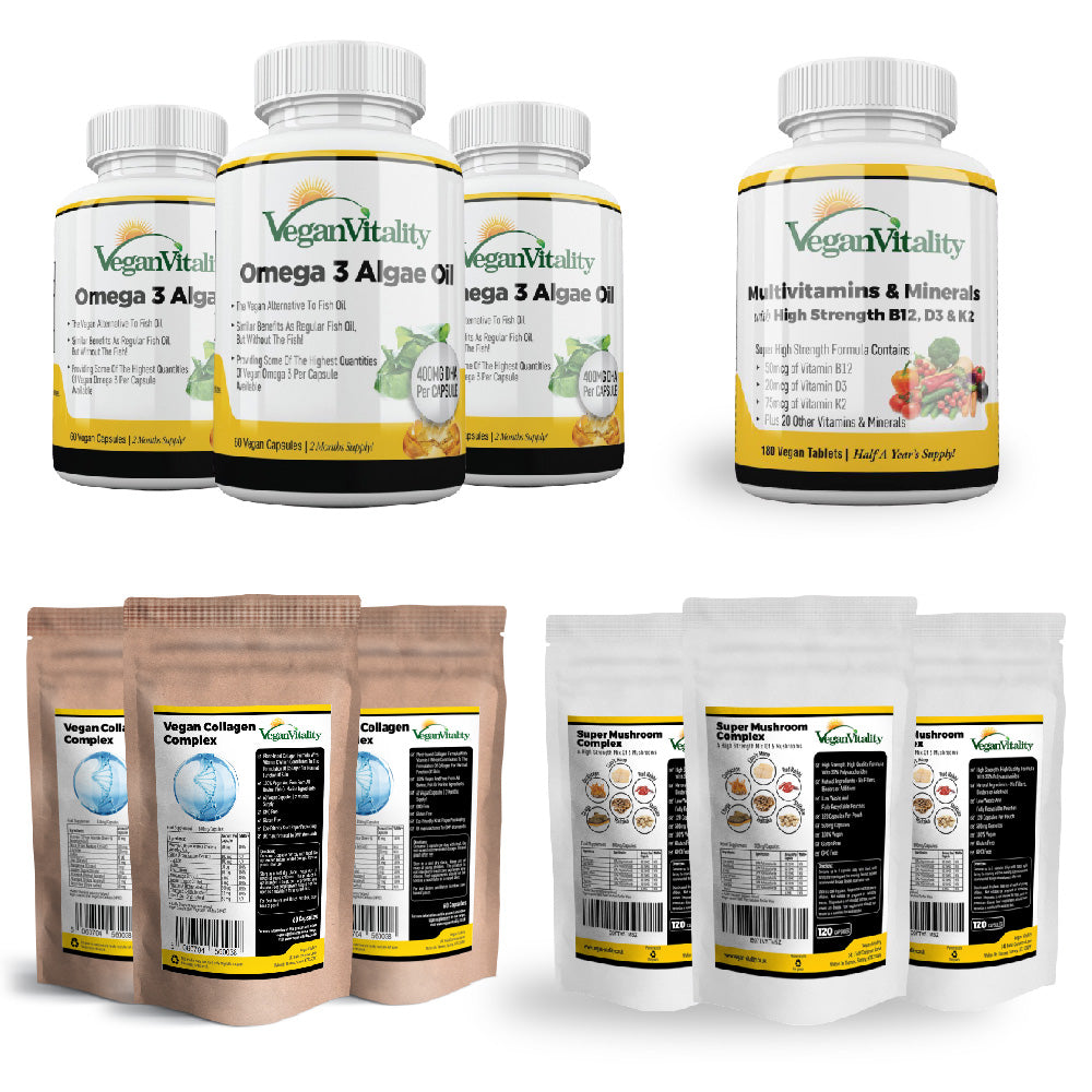 6 Month Saver Bundle 4 - Vegan Omega 3, Multivitamins, Mushroom Complex & Vegan Collagen